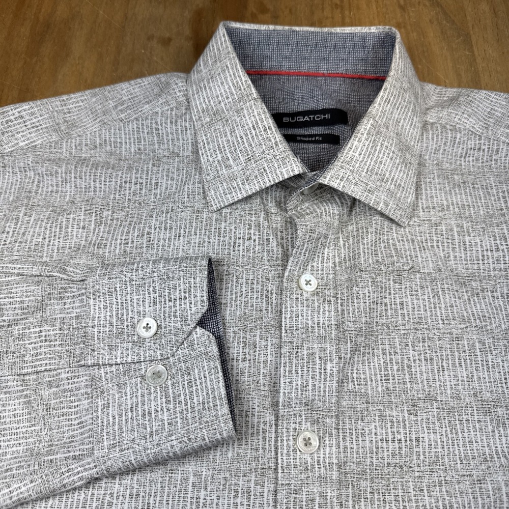 Bugatchi Uomo Shaped Fit Long Sleeve Button Down Shirt Mens M Gray Stripe Print - Picture 3 of 9